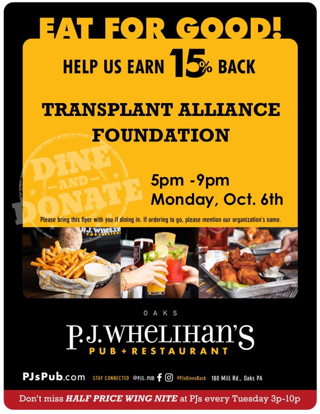 Dine and Donate at PJ Whelihan’s in Oaks!